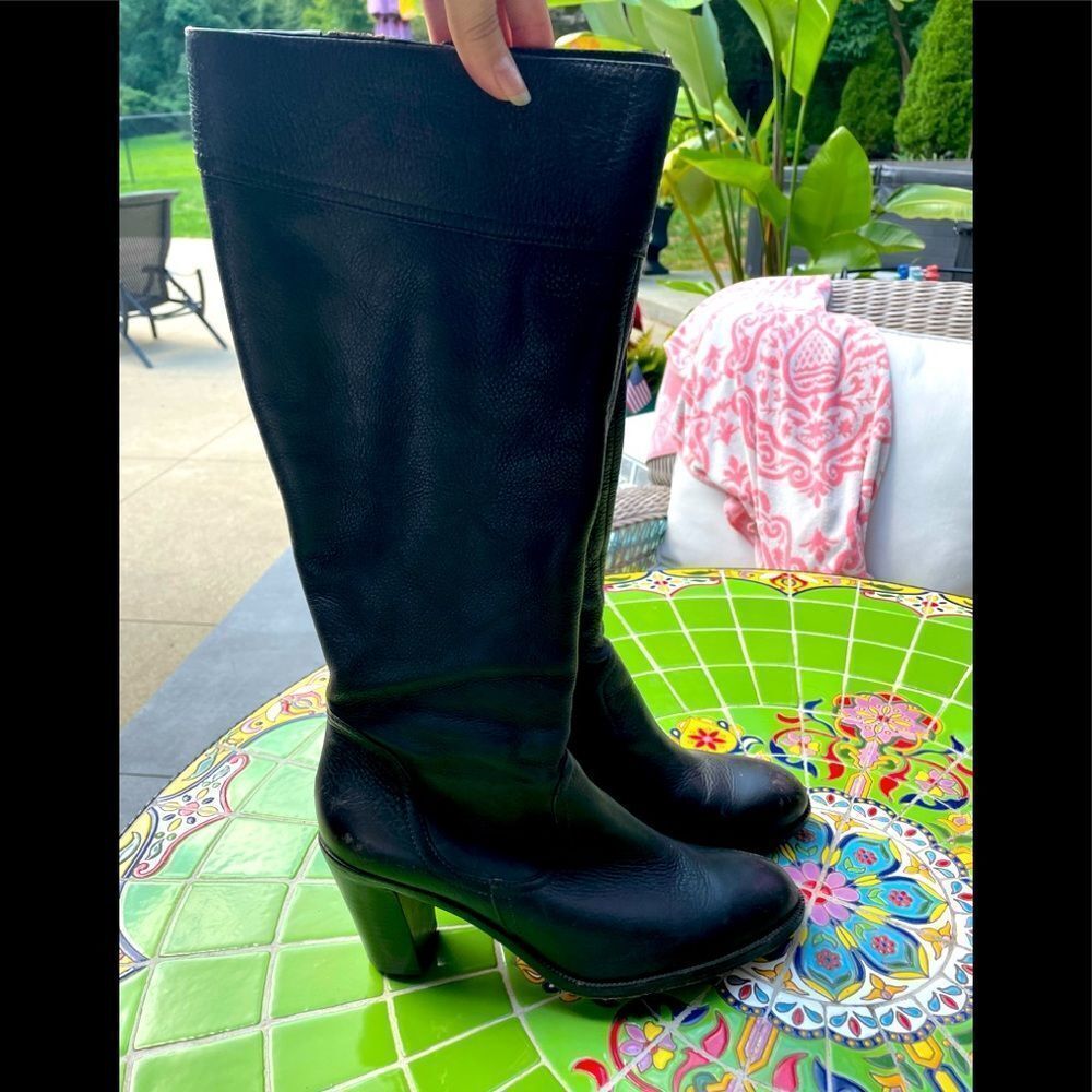 ANN TAYLOR dark brown leather zip-up knee boots with wood finish heels
